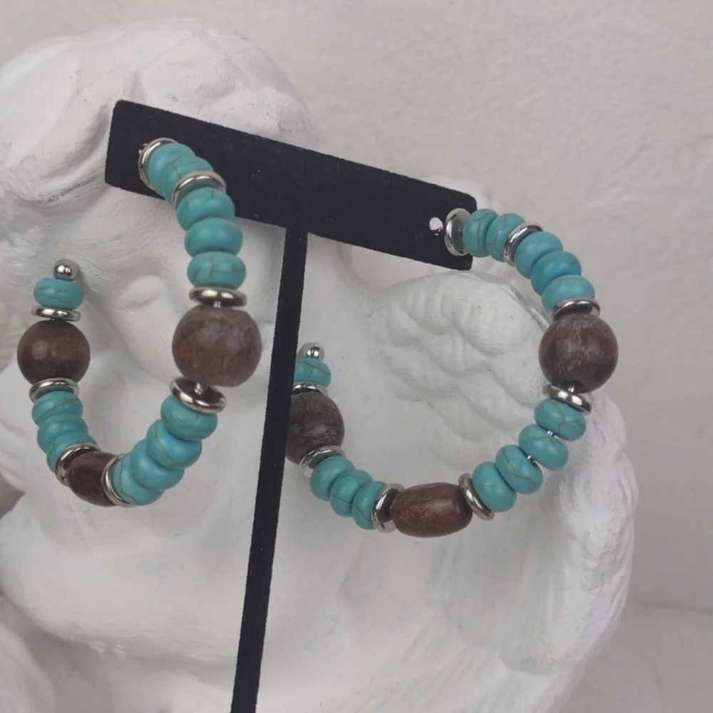 Turquoise Dark Wood & Silver Tone:Beaded Gorgeous Boho Hoop Earrings